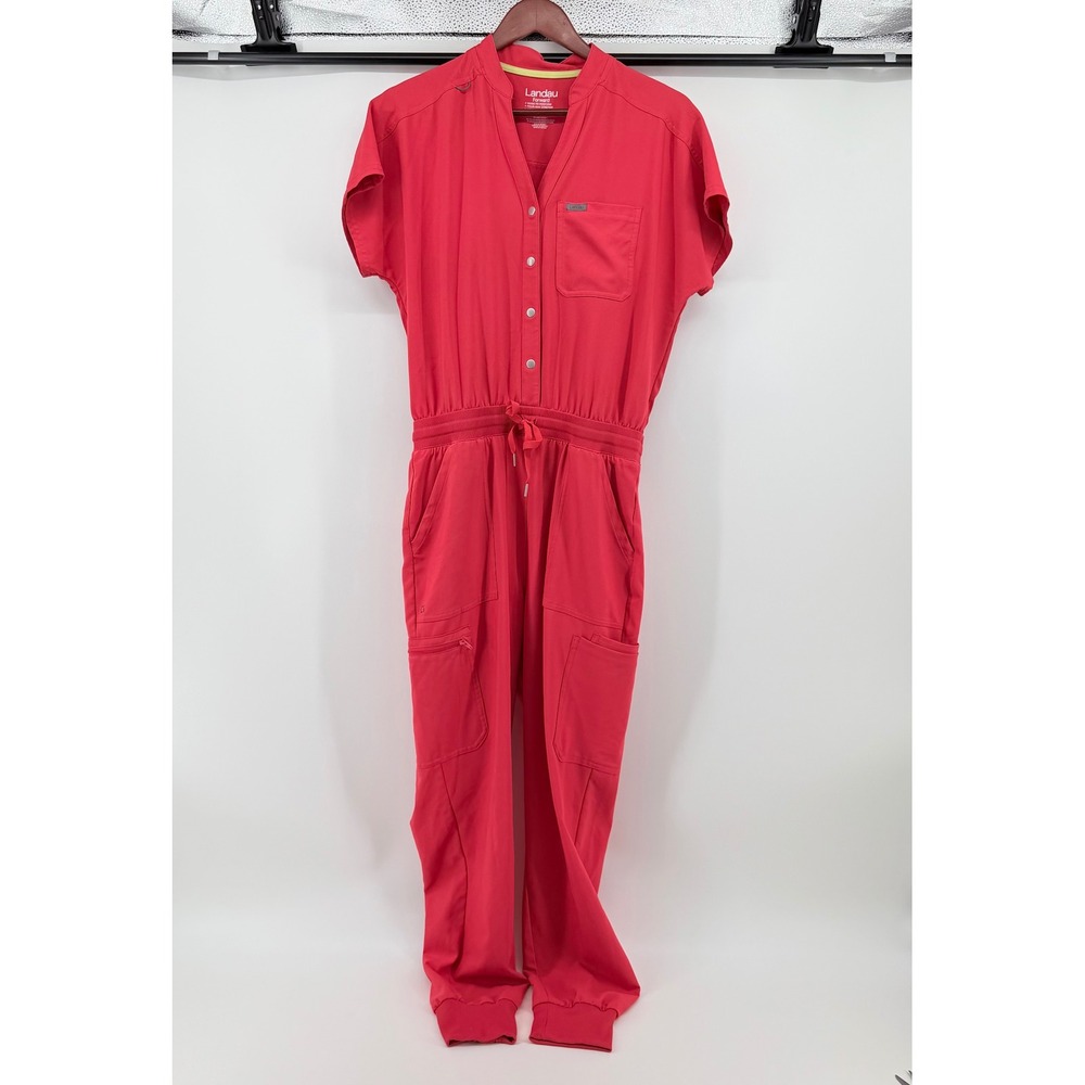 Landau Women Scrub Jumpsuit Small Tea Berry Pink Forward Stretch Jogger Cuffs